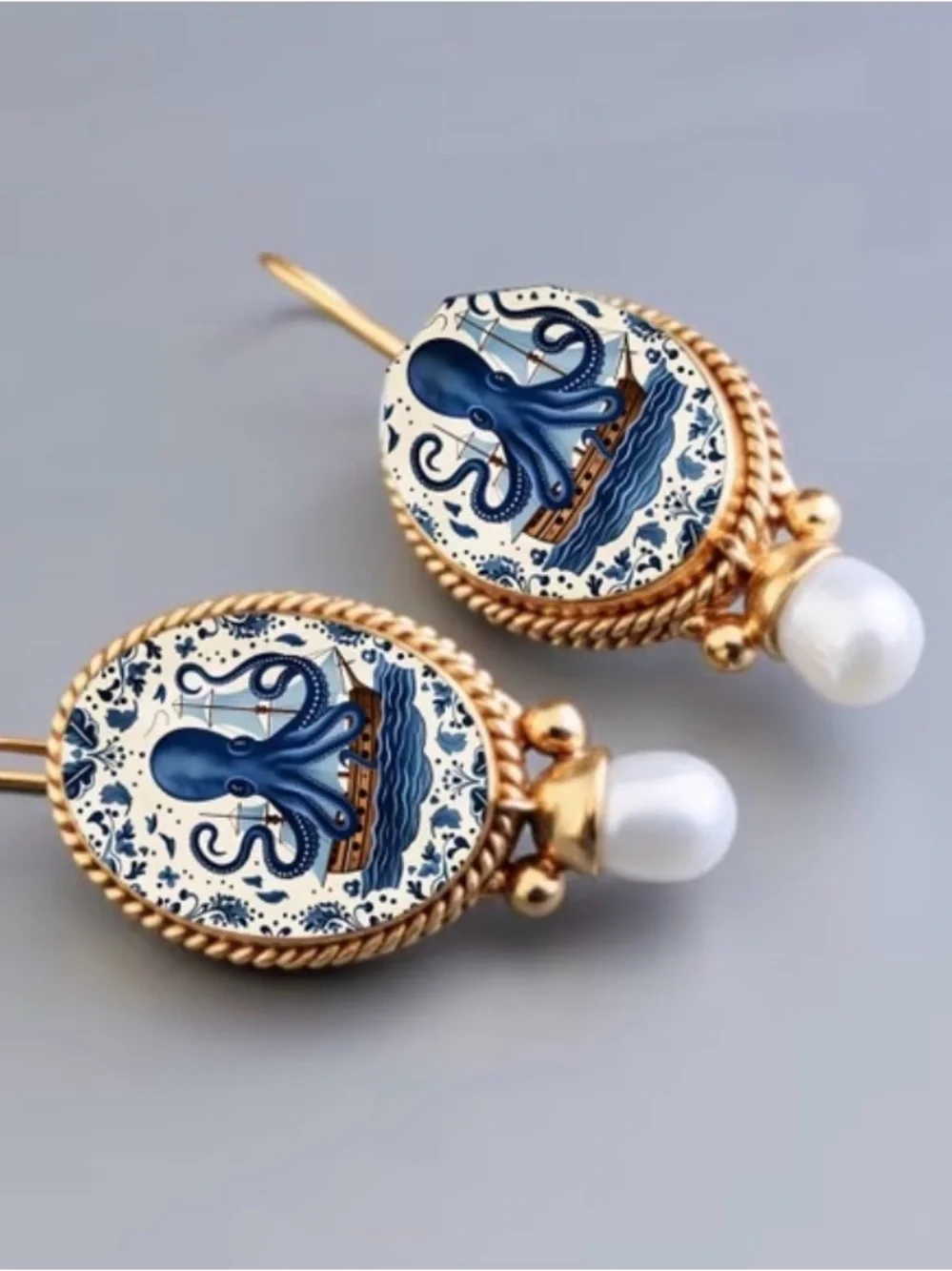 Blue Octopus Cameo Pearl Drop Earrings - Gold Tone